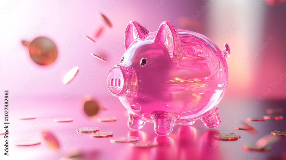 A pink glass piggy bank with coins flying into it. This represents saving money and watching your wealth grow. A pink glass piggy bank with coins flying into it. This represents saving money and watching your wealth grow.
