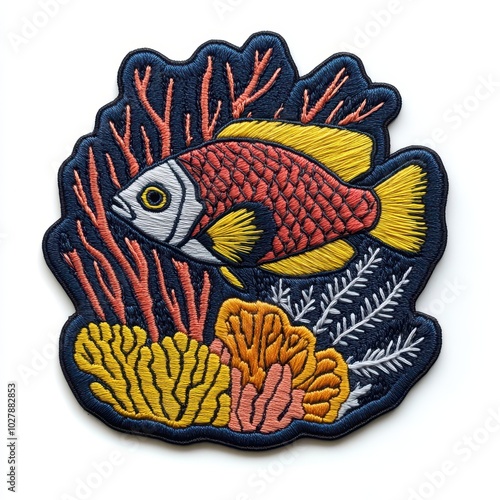 Fish embroidered patch badge on isolated white background, vector badge and patch collection for print or embroidery