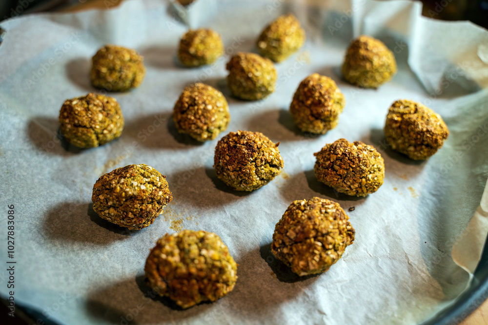 Homemade Baked Falafel Balls on Parchment Paper for Healthy Eating