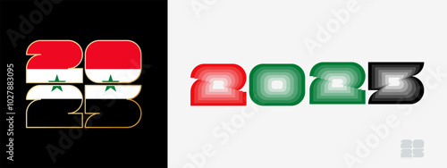 Year 2025 with flag of Syria and in color palate of Syria flag. Happy New Year 2025 in two different style.