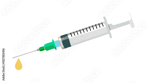 Medical syringe with a drop of liquid on a white background
