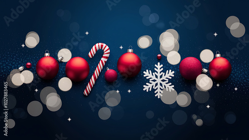 Red ornaments and candy cane on blue background, festive Christmas decor. 
