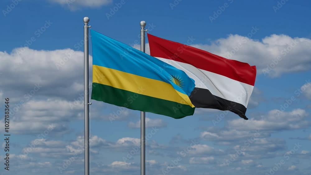 Yemen and Rwanda flags flying together, video concept of the relationship, two country cooperation concept Yemen and Rwanda flags flying together, video concept of the relationship, two country cooperation concept