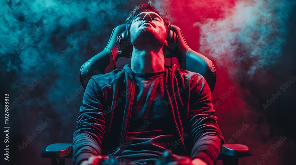 A person is sitting in a gaming chair, relaxed, in a room lit with colorful lights.
A person is sitting in a gaming chair, relaxed, in a room lit with colorful lights.