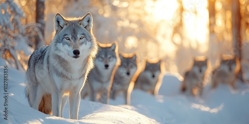 A pack of wolves in the snow photo