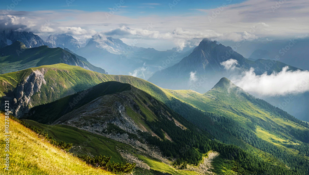 Widok na góry. Piękny górski krajobraz, skały we mgle