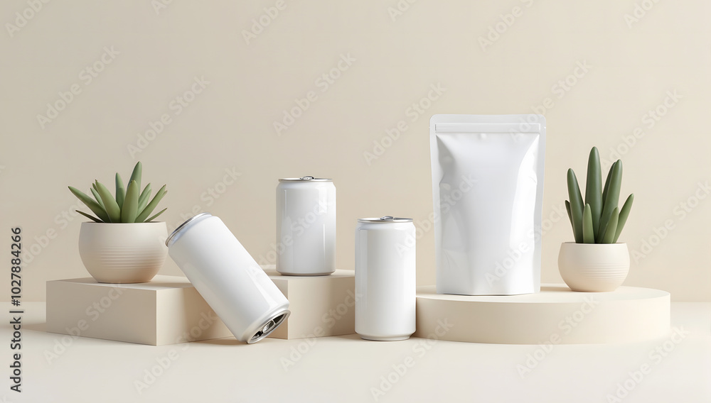 Minimalist Product Display with Cans and Pouches isolated on white background Minimalist Product Display with Cans and Pouches isolated on white background