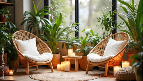 Cozy Indoor Space interir design with Rattan Chair and Plants photo