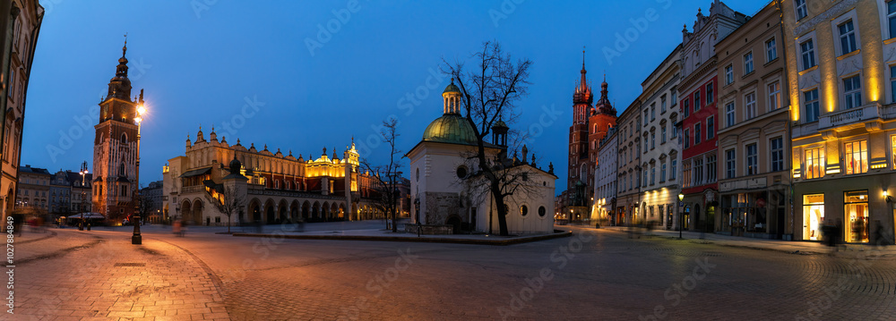 Historic Krakow Main Square at Dusk With Illuminated Architecture