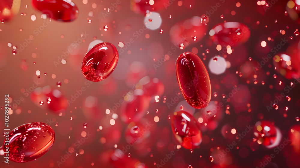 Levitating red capsules on a red background with bubbles and dust swirling around. Medical concept. Levitating red capsules on a red background with bubbles and dust swirling around. Medical concept.