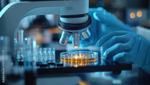 A laboratory technician makes microscopic bacteriological examination with the reagents. Work in microlaboratories
