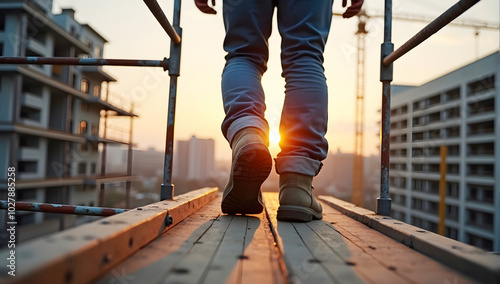 construction worker's feet walking on steel beams at a construction site, highlighting safety boots