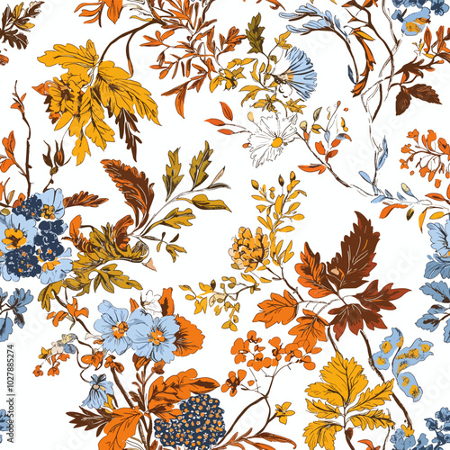 Elegant Autumn-Inspired Toile de Jouy Seamless Floral Pattern Featuring Hand-Drawn Meadow Wildflowers, Rustic Roses, and Cozy Botanical Illustrations with a Vintage seamless pattern with autumn leaves