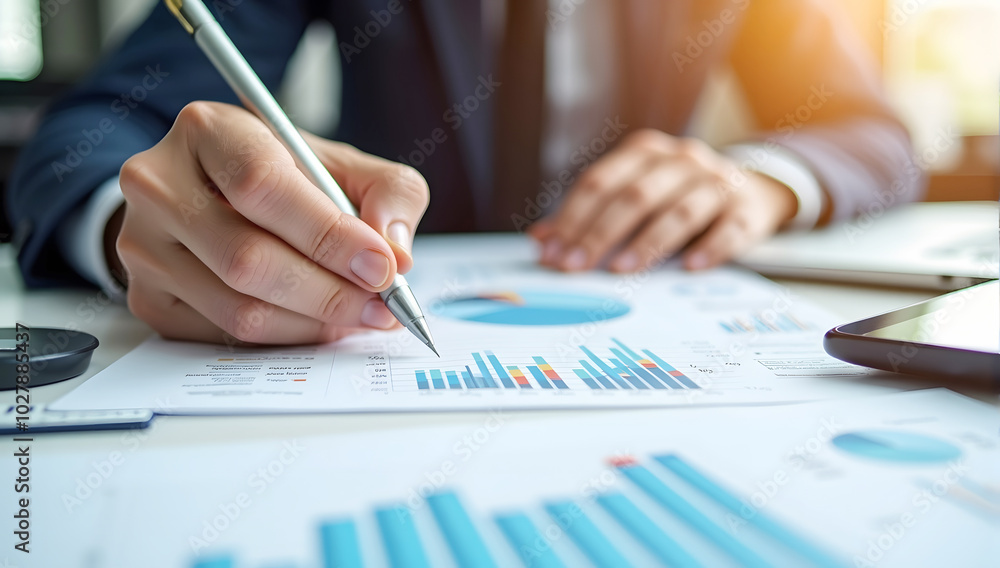 A business man showing data on Analyzing Financial Data with Charts A business man showing data on Analyzing Financial Data with Charts