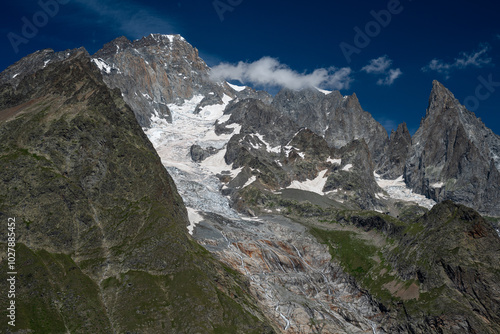 The Brouillard glacier is one of the ridges leading up to the very peak of Mont Blanc summit (top peak on the photography).