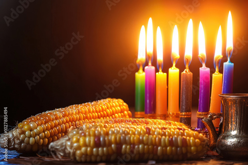 colorful candles and corn display, a vibrant display of colorful candles lit behind two ears of corn and a metallic cup, creating a warm and festive atmosphere. photo