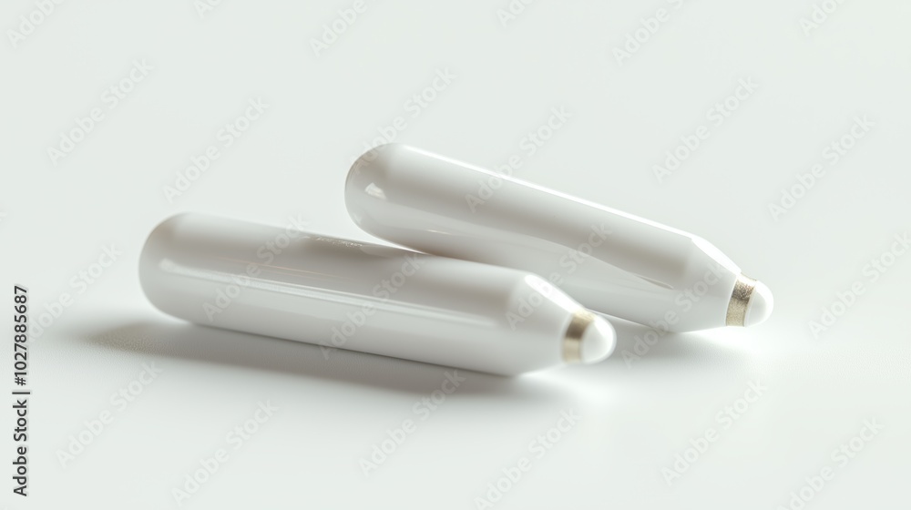 Two minimalistic white batteries placed on a smooth, light surface with soft shadows Two minimalistic white batteries placed on a smooth, light surface with soft shadows