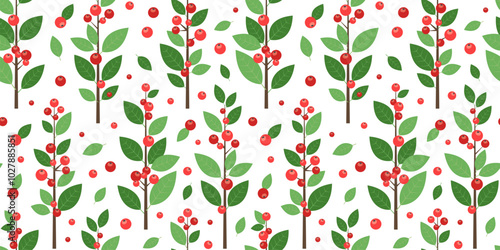 Christmas red berry seamless pattern, holiday tree and plant background, branch leaves print, decoration fruit sprig, Xmas floral set. Cartoon autumn twig. New Year foliage. Vector illustration