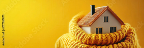 Home in a knitted scarf on a yellow background, Concept of the heating system in a winterized house. keeping warm in the house