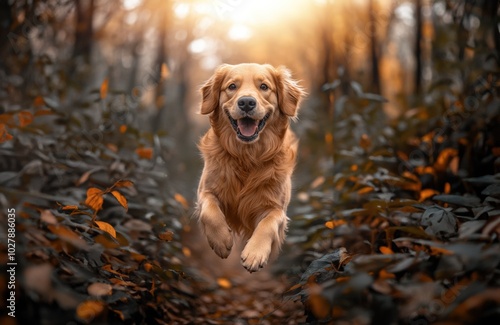 Portrait of a Beautiful Golden Retriever Running in the Forest