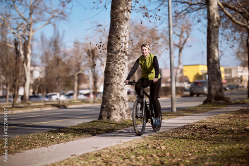 Woman Riding Bicycle Down Street