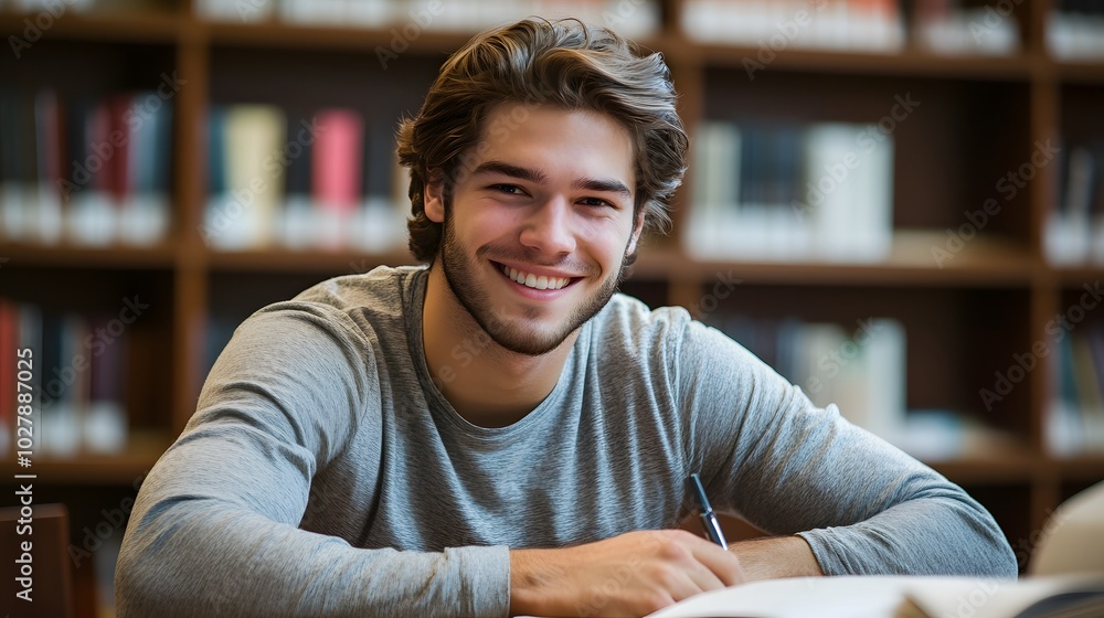 Photograph of an attractive man in his mid-30s, smiling and sitting at a table with books on it while studying intently for a medical school entrance exam Photograph of an attractive man in his mid-30s, smiling and sitting at a table with books on it while studying intently for a medical school entrance exam