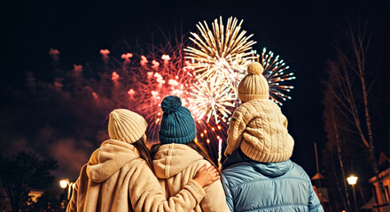 Family Watching Fireworks Display in Winter Night Sky Celebrations