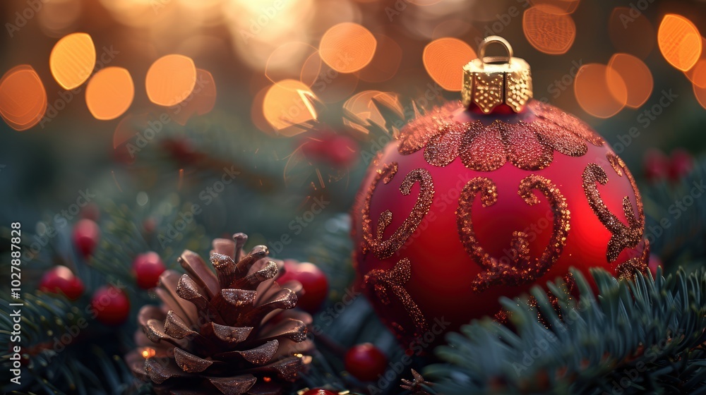 A beautifully decorated Christmas ornament with intricate designs sits nestled among pine branches and a pinecone, with a warm bokeh background A beautifully decorated Christmas ornament with intricate designs sits nestled among pine branches and a pinecone, with a warm bokeh background