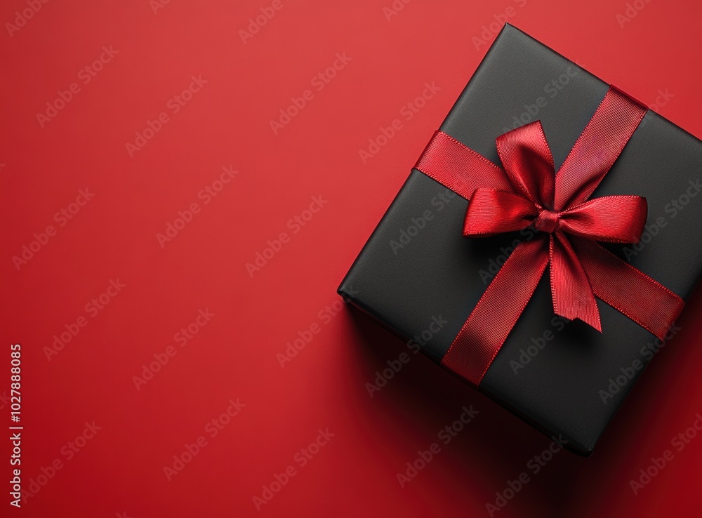 Black gift box with red ribbon on a red background, top view. Black Friday concept. Banner for product presentation or a sale event Black gift box with red ribbon on a red background, top view. Black Friday concept. Banner for product presentation or a sale event