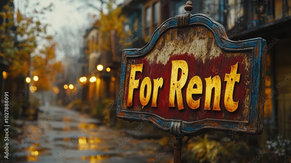 Obraz premium An intricately designed For Rent sign stands prominently on a rainy cobblestone street lined with charming buildings in the background