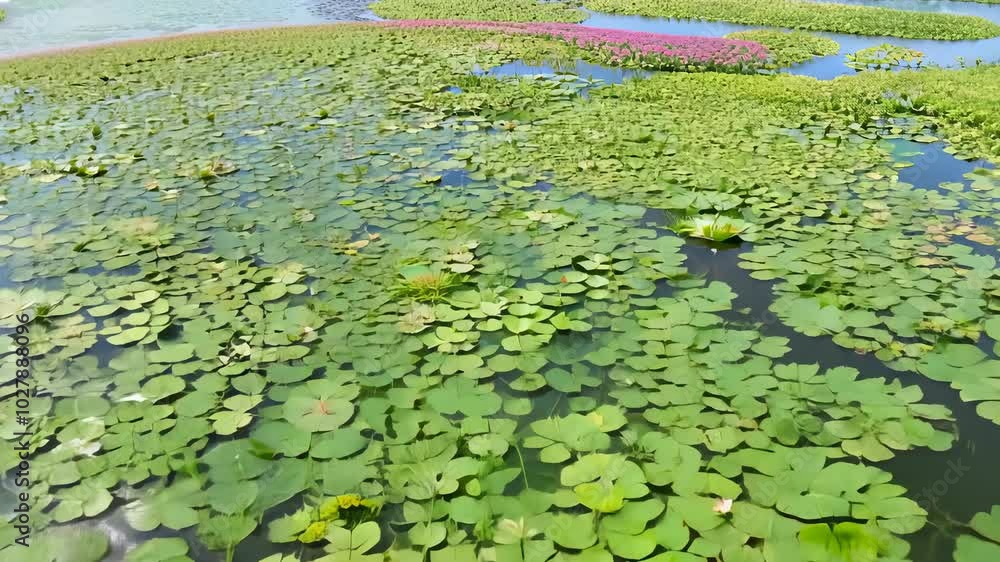 A tranquil lake covered in bright green lily pads, with a few pink lotus flowers. Overhead drone shot. A tranquil lake covered in bright green lily pads, with a few pink lotus flowers. Overhead drone shot.
