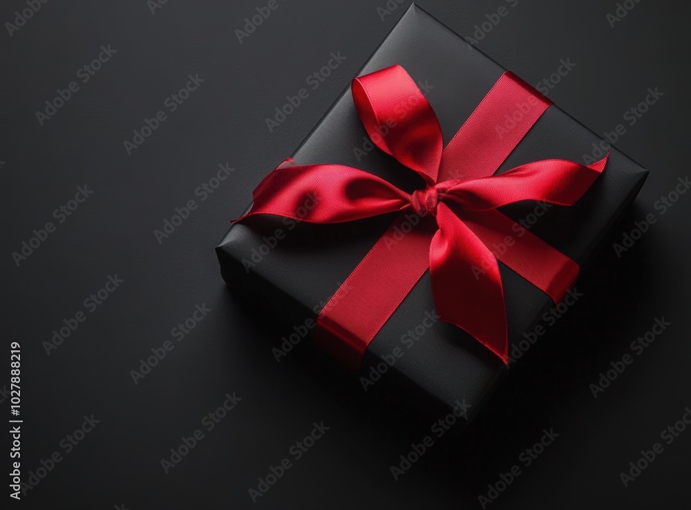 Black gift box with red ribbon on a red background, top view. Black Friday concept. Banner for product presentation or a sale event Black gift box with red ribbon on a red background, top view. Black Friday concept. Banner for product presentation or a sale event