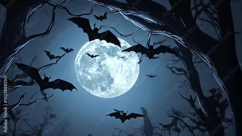 Bats fly in front of a full moon in a dark, spooky forest. Bats fly in front of a full moon in a dark, spooky forest.