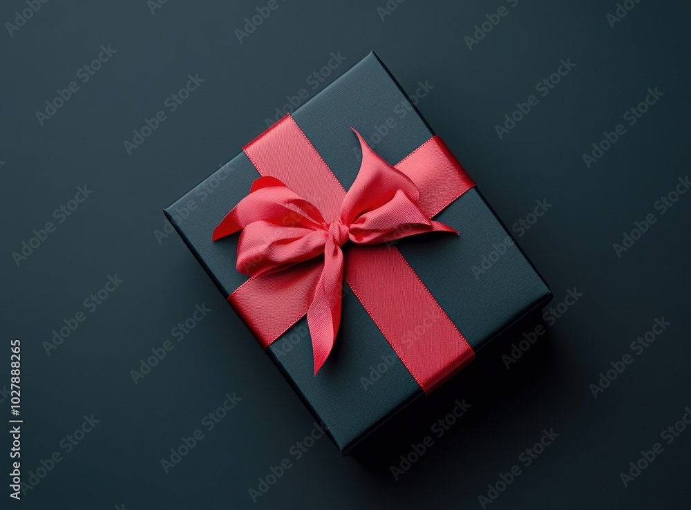 Black gift box with red ribbon on a red background, top view. Black Friday concept. Banner for product presentation or a sale event Black gift box with red ribbon on a red background, top view. Black Friday concept. Banner for product presentation or a sale event