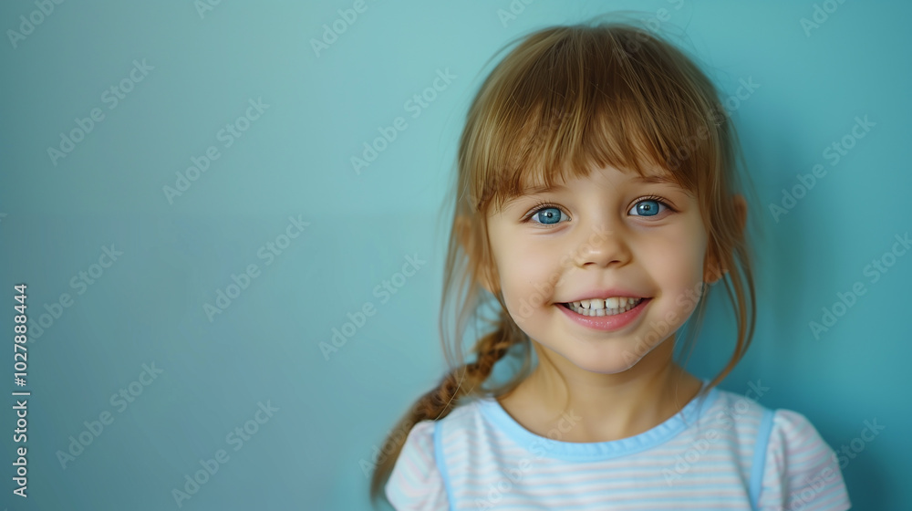 Concept for a dental clinic: a six-year-old blonde girl smiles, showing her healthy white teeth on a blue background. Space for text.