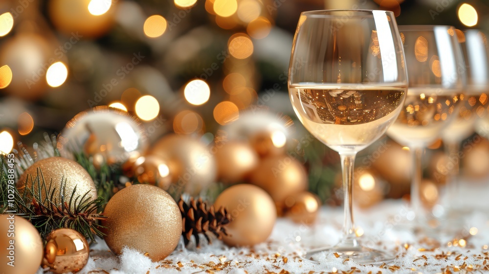 Glittering holiday celebration setting with two glasses of white wine, surrounded by golden Christmas ornaments, festive greenery, and twinkling decorative lights Glittering holiday celebration setting with two glasses of white wine, surrounded by golden Christmas ornaments, festive greenery, and twinkling decorative lights