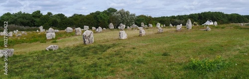 Rows of menhirs, the  meaning is unknown, but the cultic or calendaric significance in the Neolithic period. Unfortunately, the historical unity is being disturbed by a modern houses, in Carnac France