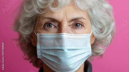 An adult with curly gray hair wearing a light blue face mask against a pink background, highlighting protective measures during flu season