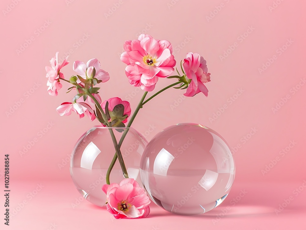 Flowers and two glass balls on pink background Flowers and two glass balls on pink background