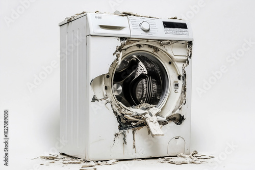 Crashed front loading washing machine isolated on transparent background graphic element for advertisement photo