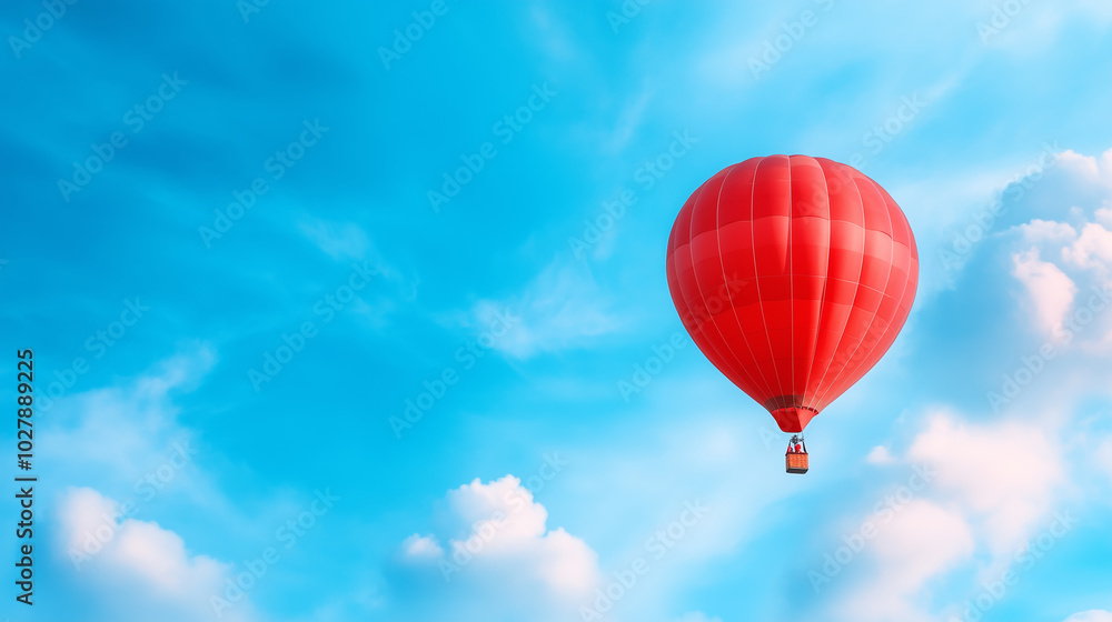 Bright red hot air balloon soaring through the clear blue sky on a sunny day