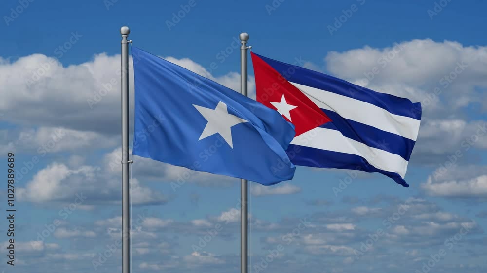 Cuba and Somalia flags flying together, video concept of the relationship, two country cooperation concept Cuba and Somalia flags flying together, video concept of the relationship, two country cooperation concept