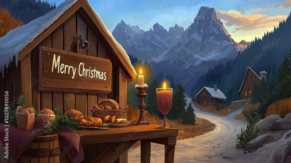 Fototapeta premium Charming Christmas scene with cozy cabin, festive decorations, and mountain backdrop, perfect for holiday-themed projects.