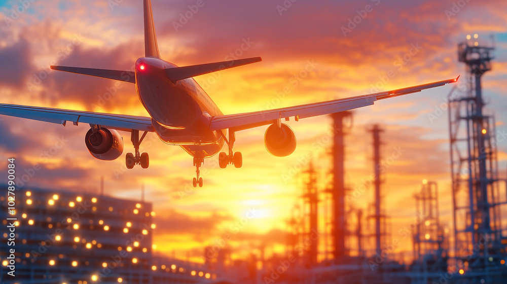Airplane landing at dusk over a bustling industrial area with a vibrant sunset sky Airplane landing at dusk over a bustling industrial area with a vibrant sunset sky