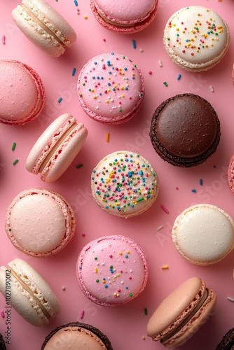 Colorful Macarons on Pastel Pink Background with Sprinkles for Decoration and Celebration Generative AI