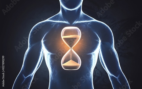 Hourglass glowing inside human body. biological clock concept photo