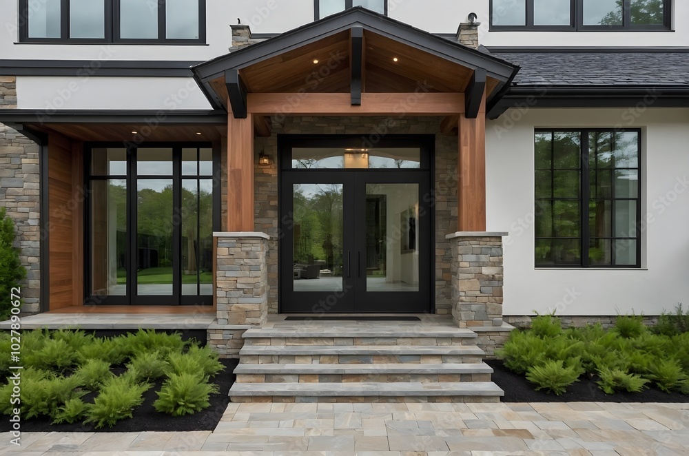 Obraz premium A modern home showcasing stone steps and a wooden front door, complemented by a gabled porch and classic columns.