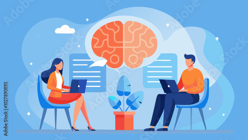 AI-Powered Cognitive Analysis Illustration: Two People Discussing Ideas. mental health care therapy concept