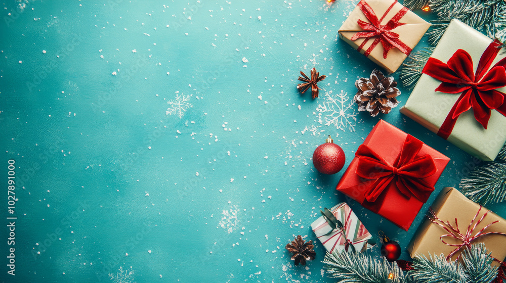 A turquoise background with colorful gift boxes tied with velvet ribbons and paper decorations. It's a festive Christmas scene. A turquoise background with colorful gift boxes tied with velvet ribbons and paper decorations. It's a festive Christmas scene.