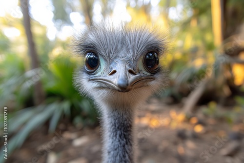 Baby ostrich with its head turned to the side. The bird has a curious look on its face. Selfie of a ostrich animal bird wildlife. photo